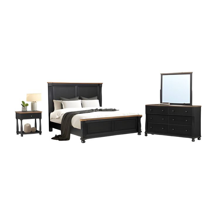 Ginie 4pc Queen Bedroom Set, USB Bedside Table, Black Rustic Oak Brown