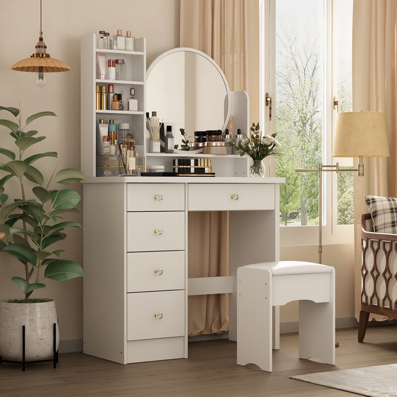 5-Drawers White Makeup Vanity Table Set with Stool Dressing Desk Vanity Wood with Round Mirror Storage Shelves