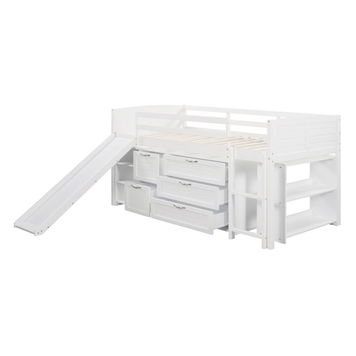 Low Twin Size Loft Bed with Cabinets, Shelves and Slide - White