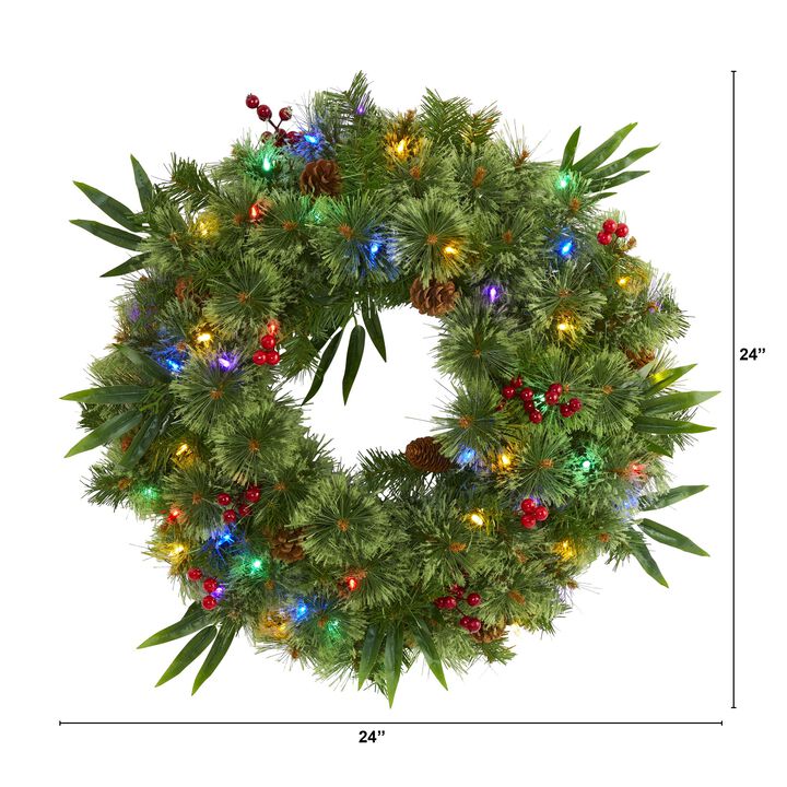 Hivvago 24" Mixed Pine Artificial Christmas Wreath with 50 Multicolored LED Lights, Berries and Pine Cones