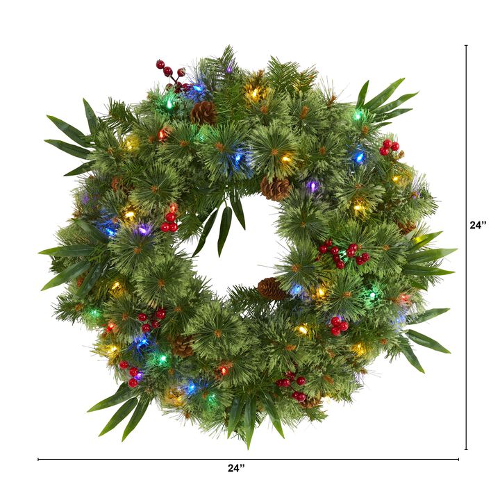 HomPlanti 24" Mixed Pine Artificial Christmas Wreath with 50 Multicolored LED Lights, Berries and Pine Cones