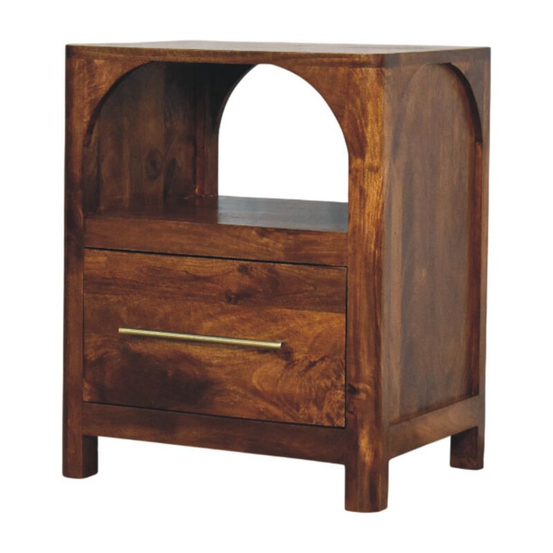 Artisan Furniture Solid Wood Arc Bedside Table, 1Drawer, 1 Open Shelf, Brown image number 2