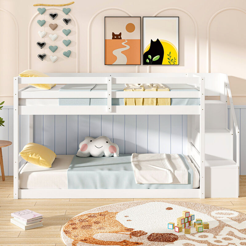 Wooden Bunk Bed Frame with Built-In Storage Stairs and Low Floor Profile