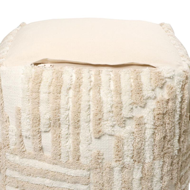 Hivvago 18 Inch Beige Cotton Cube Striped Pouf Ottoman