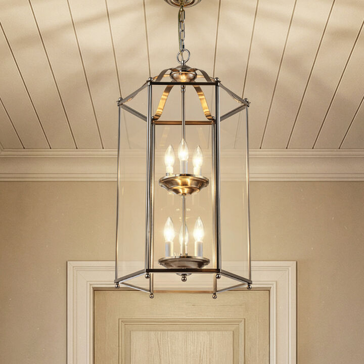 6 Light 2-Tier Satin Nickel Lantern Pendant Light 17-Inch Vintage Empire Style Chandelier with Clear Glass Shade for Foyer Hall Entryway Staircase