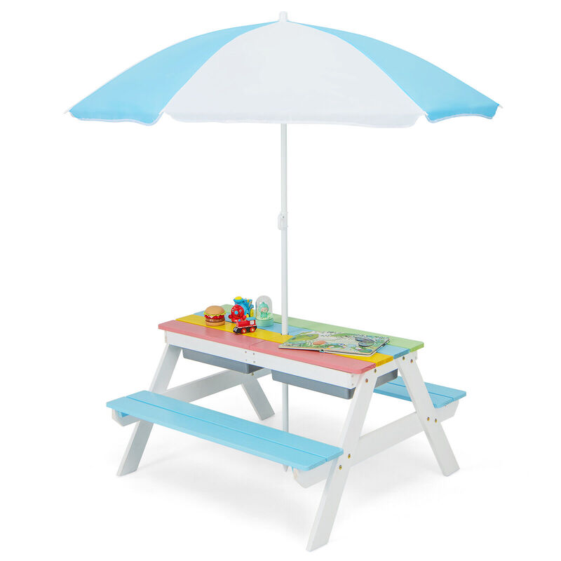 3-in-1 Kids Outdoor Picnic Water Sand Table with Umbrella Play Boxes in Blue