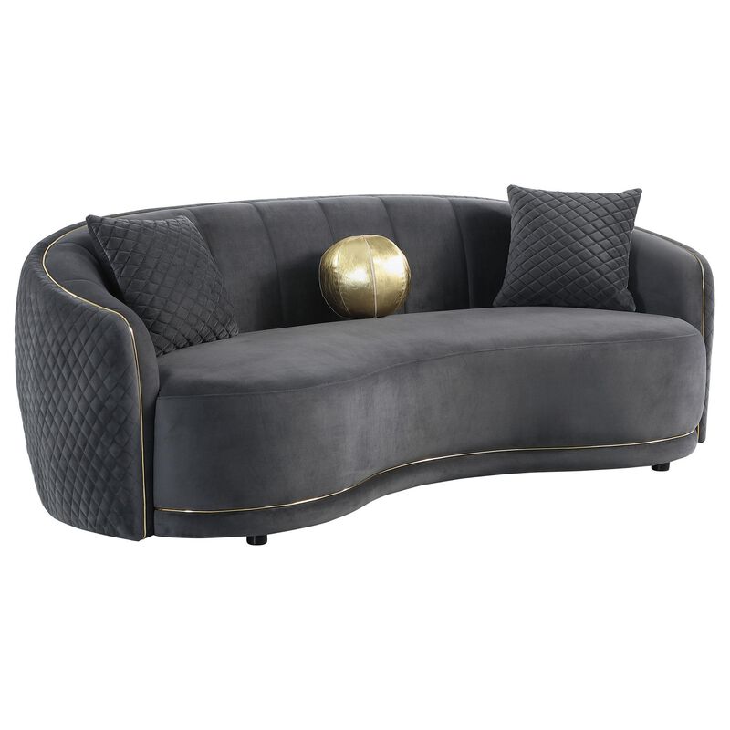 Buo Curved Sofa, 92 Inch, Dark Gray Polyester, Gold Trim, 3 Pillows - Benzara