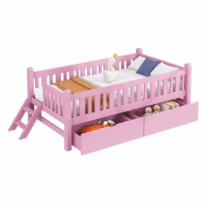 GOODSILO Wood Twin Size Platform Storage Bed With Built-In Safety Guardrail And Two Drawers Ideal For Small Kids Bedrooms