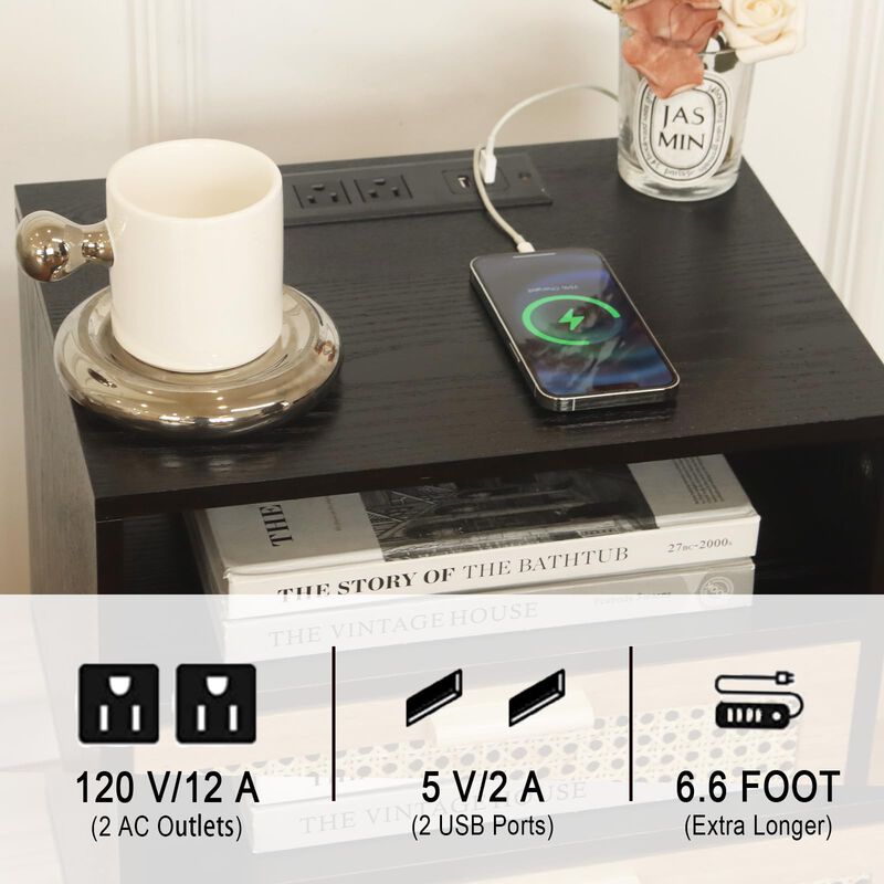 MaxSmeo Mid Century Modern Nightstand with Charging Station, Bedside Tables with Rattan Drawer, Small Wood Nightstand Side Table