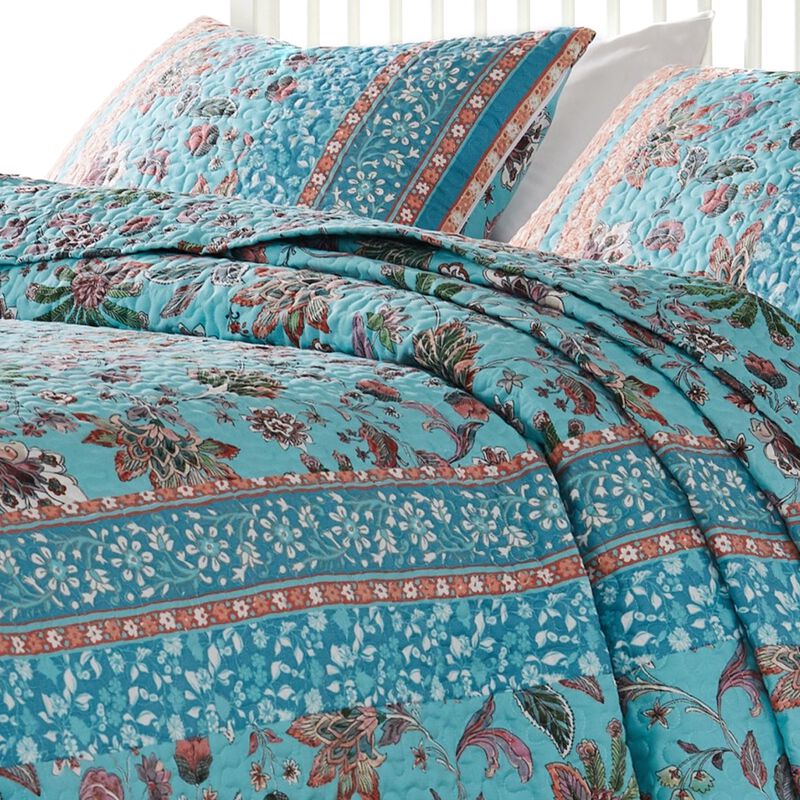 Dill 3pc King Bedspread Set, Turquoise Green Floral Microfiber Cotton - Benzara