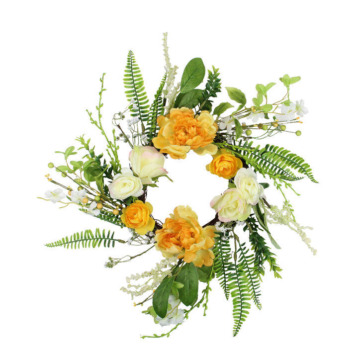 Hydrangea and Rose Twig Artificial Floral Wreath  Orange 16-Inch