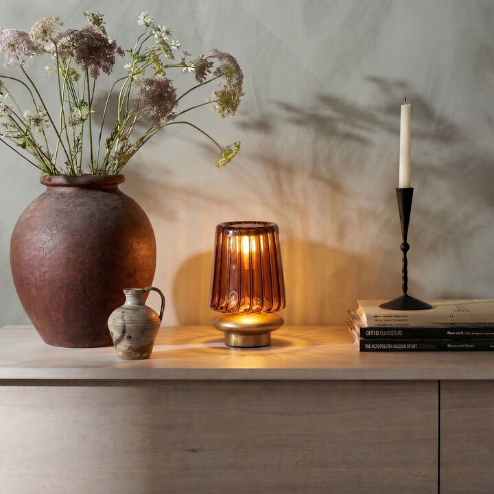 Reclaimed Glass and Metal LED Table Lamp with Touch Sensor and Pleated Design in Antique Brass Finish, Amber