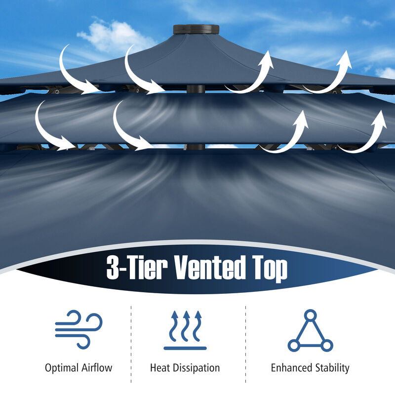 Solar Patio Umbrella with 32 LED Lights 3-Tier Vented Top