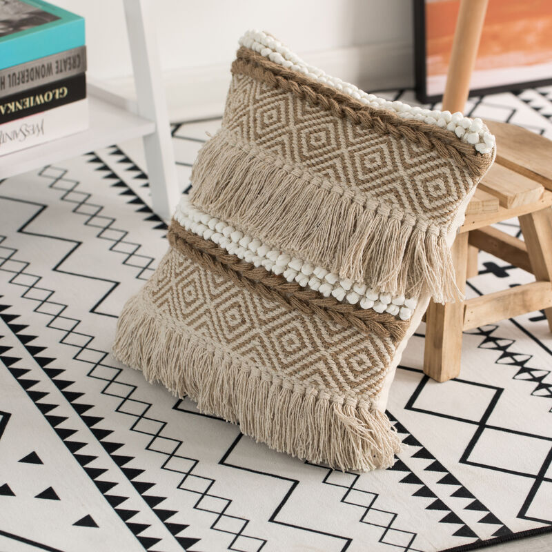 16" Handwoven Cotton Throw Pillow Cover with Embossed White Dots and Natural Fringed Pattern, Natural