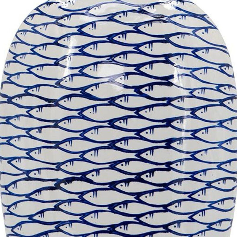 HomeRoots 16" Blue And White Fish Print Oval Ceramic Table Vase image number 5