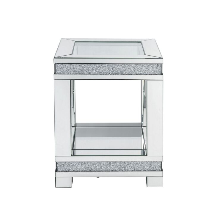 End Table with Faux Gemstone Accents and Open Bottom Mirrored Shelf, Silver-Benzara