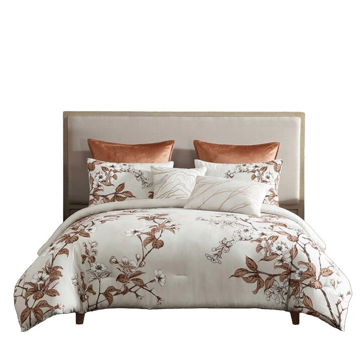Jenya 5pc Queen Size Comforter Set with Shams, Floral Print White