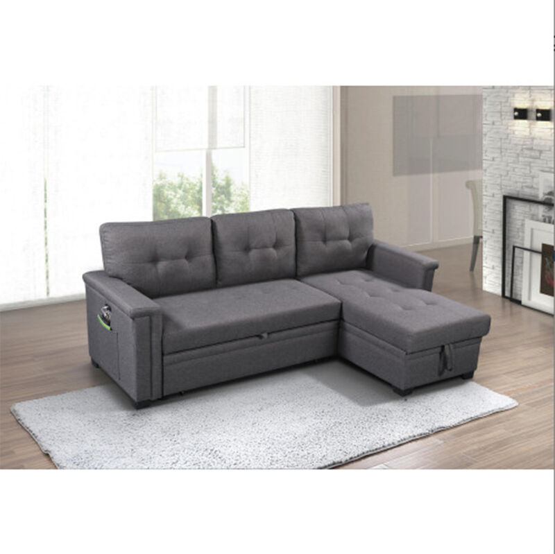 Dark Gray Reversible Sleeper Sectional Sofa with Storage Chaise, USB Charging Ports and Pocket