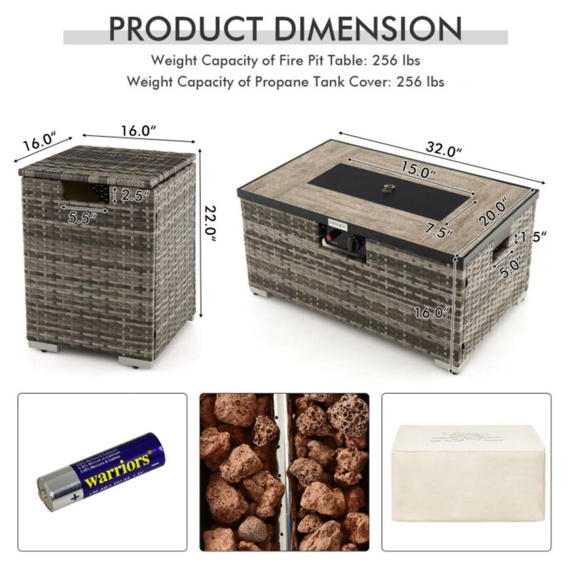 Hivvago Propane Rattan Fire Pit Table Set with Side Table Tank and Cover