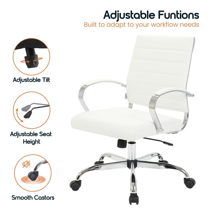 LeisureMod Benmar Mid-Back Office Chair, Leather Upholstery with Swivel, Tilt, and Chrome Base, Modern Desk Seating for Home Office or Conference Room