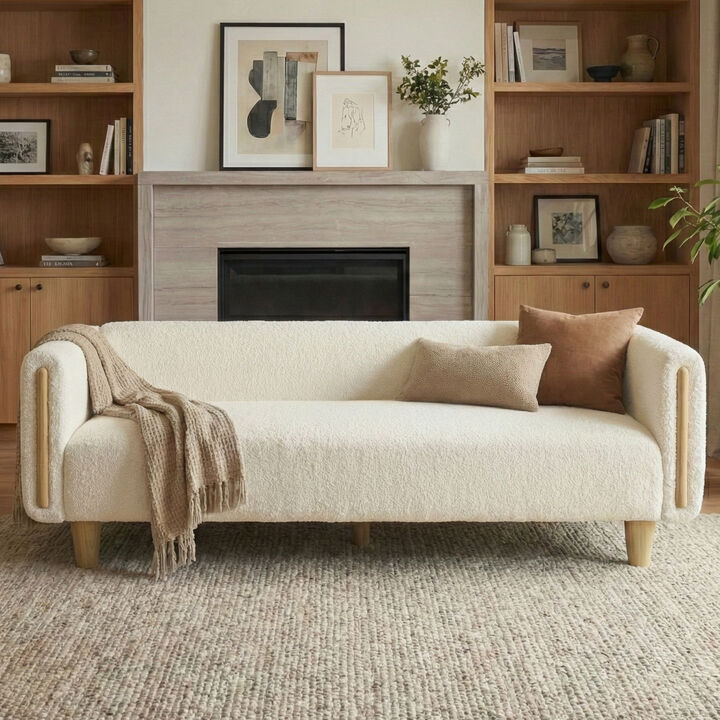 Merax Modern 3-Seater Boucle Sofa with Wood Accent Armrests & Solid Rubberwood Legs