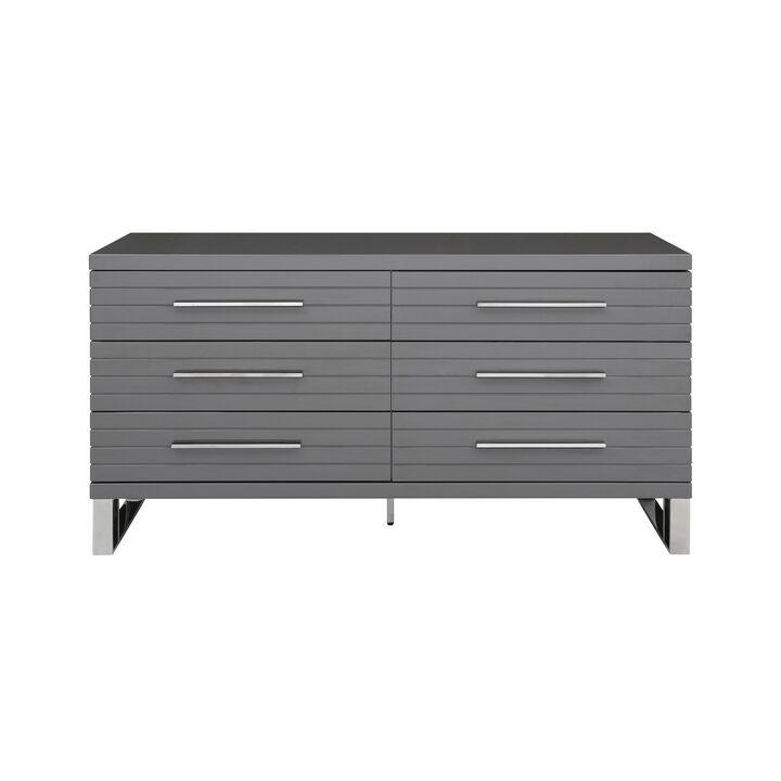 Cid Resu Dresser, 6 Drawers with Slatted Design, 59 Inch, Gray Wood - Benzara