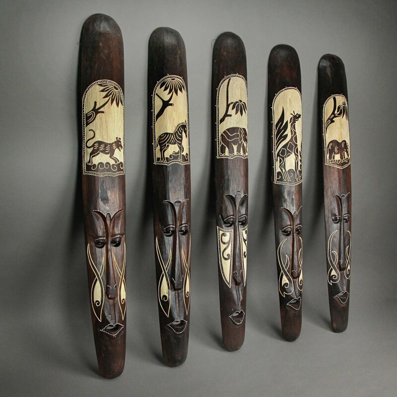 Set of Five 39 Inch Hand Carved African Style Tribal Masks Wall Bar Decor image number 4