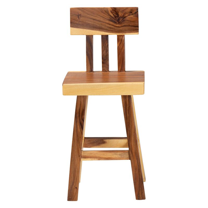 bali & pari Luli Suar Wood Counter Stool - Handcrafted Solid Wood Stool with Backrest, Rustic Modern Seating for Kitchen Island or Dining Area