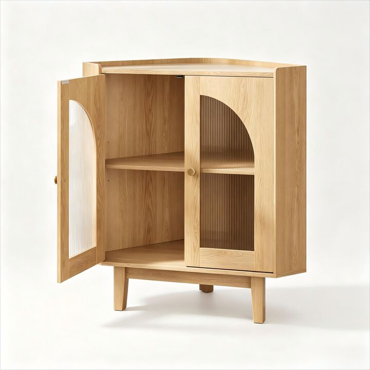 Floor Corner Cabinet, Fluted Storage Cabinet with Sliding Doors and Adjustable Shelves, Modern Wooden Freestanding Storage Organizer