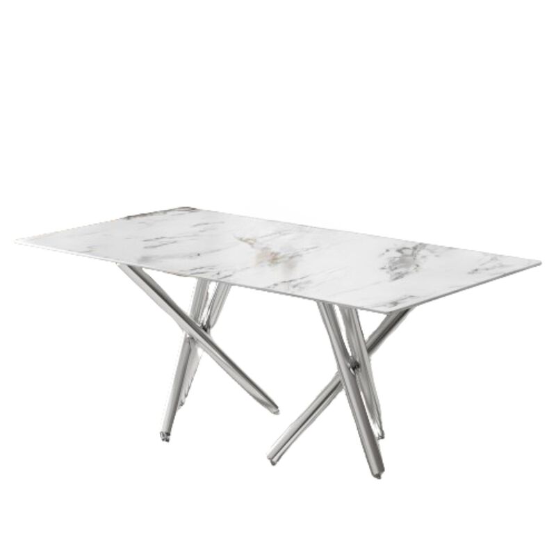 Hivvago 68 Seater Modern Kitchen Dining Table Rectangular Marble Glass Table Top with  Metal Legs