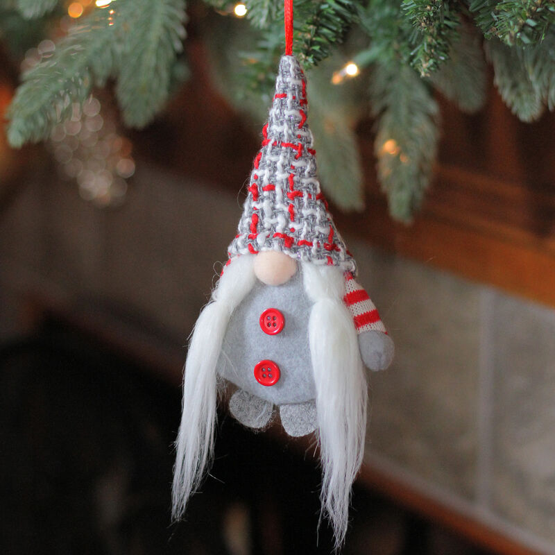 6" Gray and Red Plaid Santa's Helper Gnome Hat Christmas Ornament image number 1