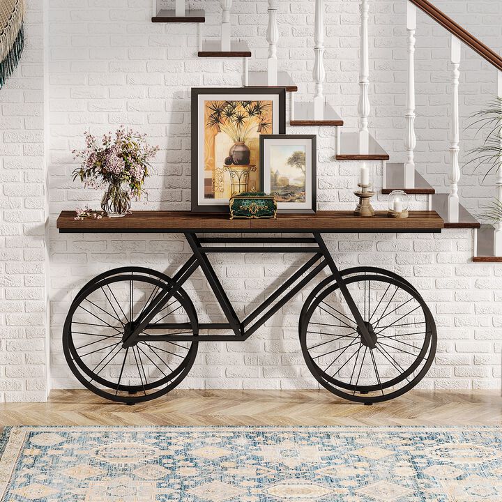 Extra Long Bicycle Console Table for Living Room or Hallway-Rustic Brown