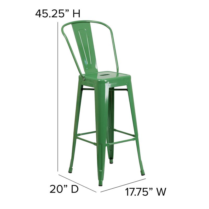 Flash Furniture Commercial Grade 30" High Green Metal Indoor-Outdoor Barstool with Removable Back