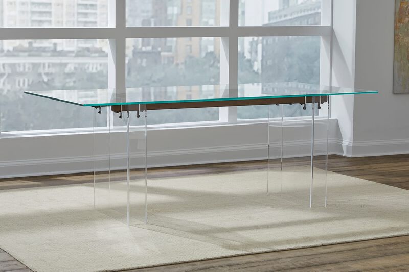 Moorea Double Pedestal Rectangular Dining Table in Clear Acrylic, Glass and Bronze Metal