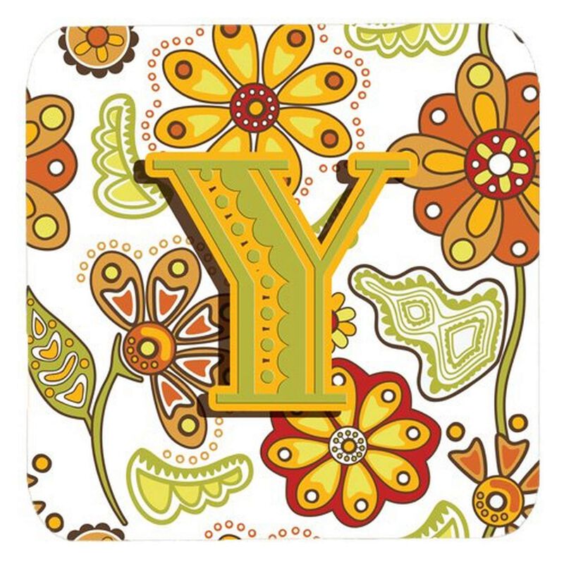 Caroline's Treasures CJ2003-YFC Letter Y Floral Mustard and Green Foam Coasters (Set of 4), 3.5, Multicolor