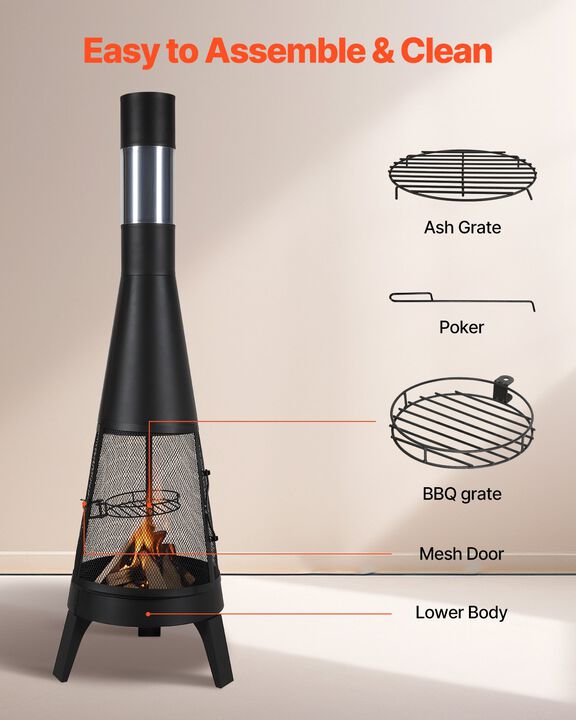 Outdoor Chiminea Firepit with Grill Mesh and Chimney for Wood Burning