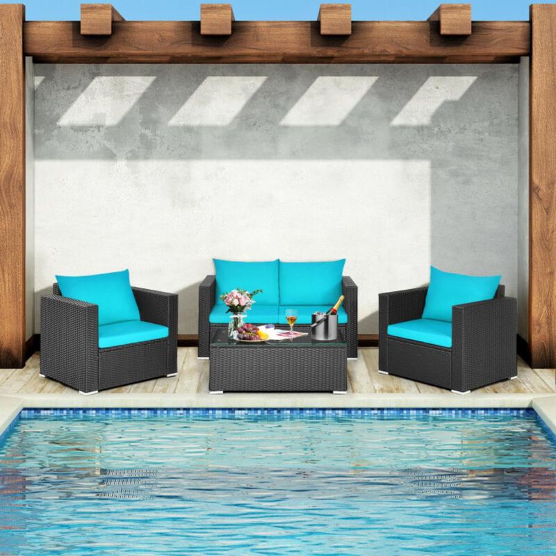 Hivvago 4 Pieces Patio Rattan Conversation Set with Padded Cushions