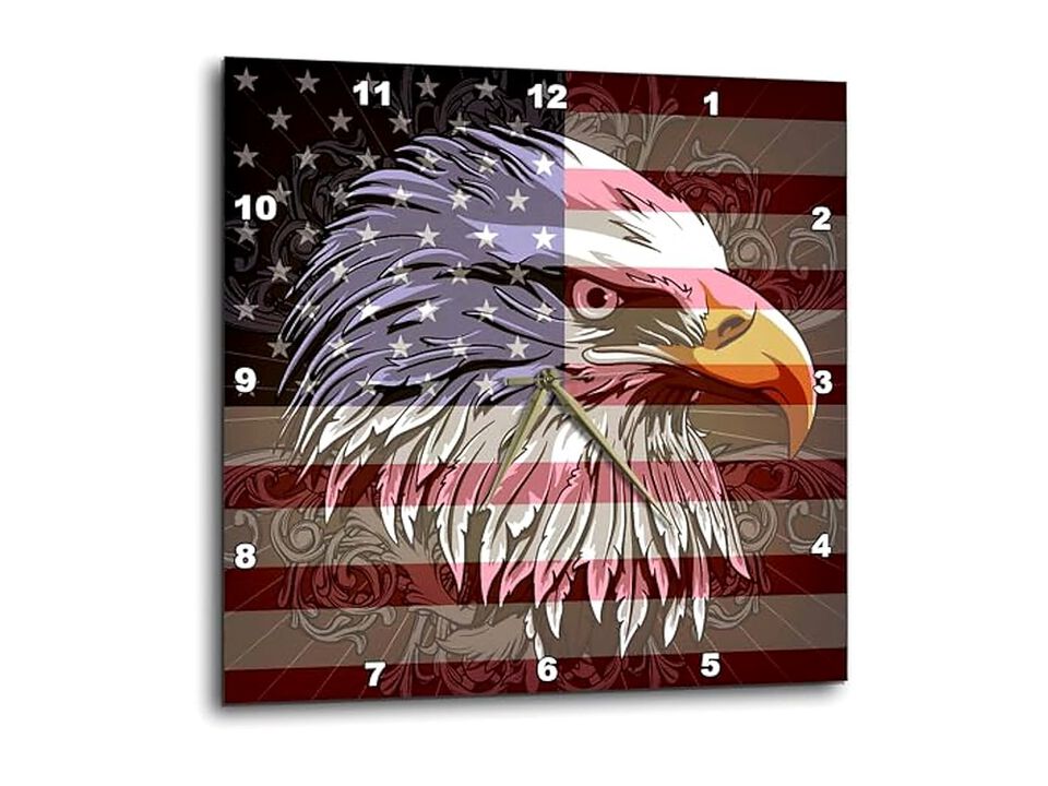 Bald Eagle American Flag Ornate Patriotic Wall Clock 10 Inch Home Decor