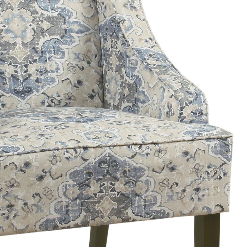 Fabric Upholstered Wooden Accent Chair with Swooping Armrests, Blue, Cream and Brown-Benzara