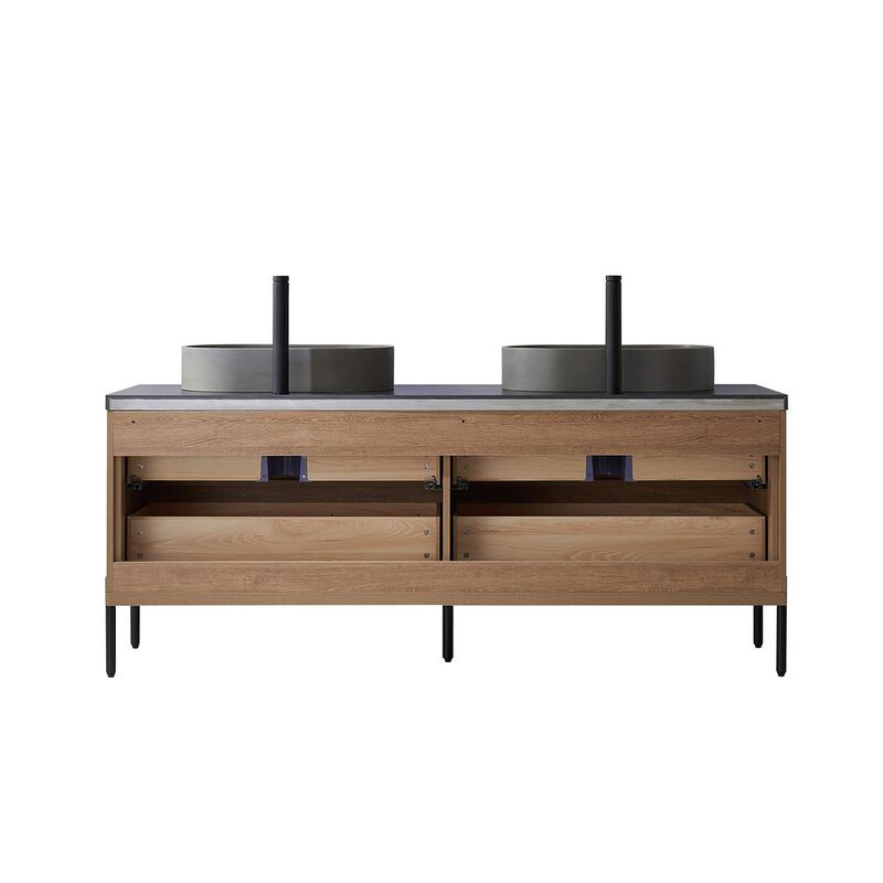 Vinnova Design Double Sink Bath Vanity with Black Sintered Stone Top with Concrete Sink