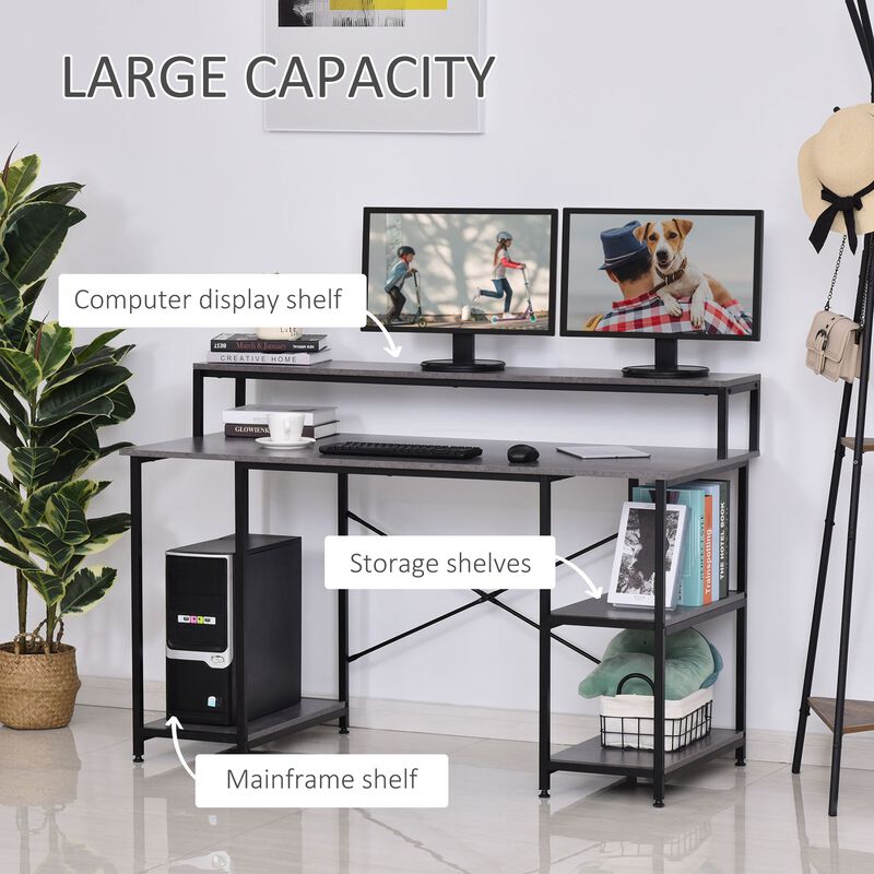 55 Inch Home Office Computer Desk Study Writing Workstation with Storage Shelves, Elevated Monitor Shelf, CPU Stand, Grey Wood Grain
