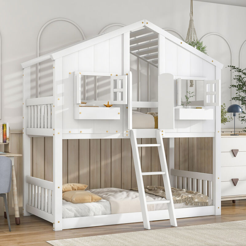 Twin over Twin House Bunk Bed with Roof, Window, Window Box, Door, with Safety Guardrails and Ladder,White