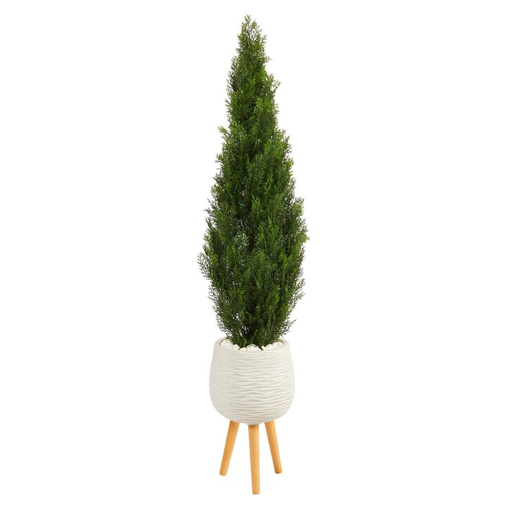 Nearly Natural 5-ft Cedar Artificial Tree in White Planter with Stand