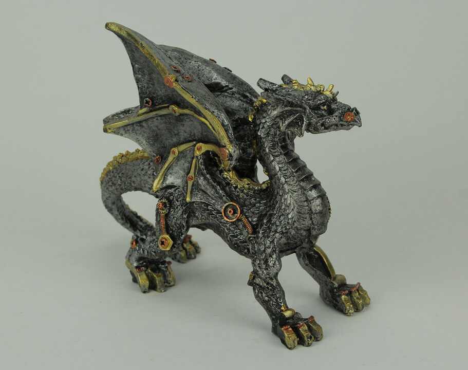 Metallic Silver and Gold Gothic Steampunk Dragon Statue