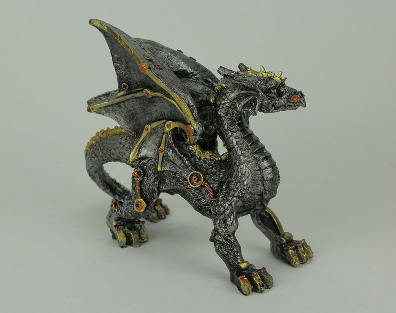 Metallic Silver and Gold Gothic Steampunk Dragon Statue image number 1