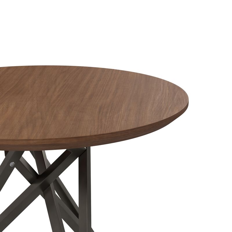 Kimya 47 Inch Dining Table, Round Wood Top, Angled Steel Legs, Brown, Black