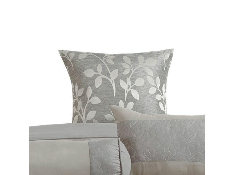King Size 7 Piece Fabric Comforter Set with Leaf Prints, Gray - Benzara image number 4