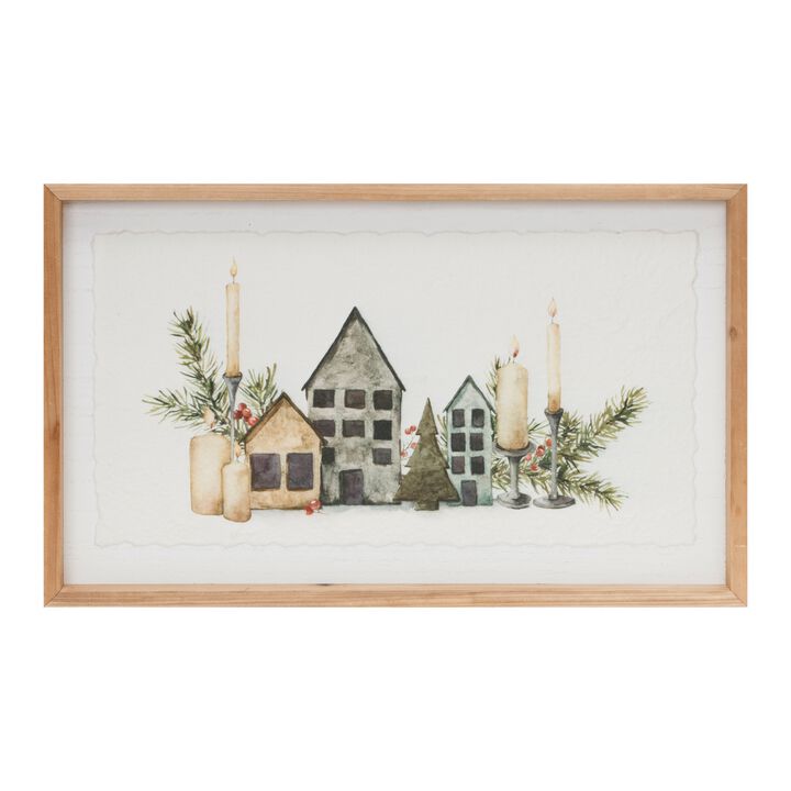 Holiday Mantle Print &ndash; Winter Village Scene in Wooden Frame Wall Decor for Living Room