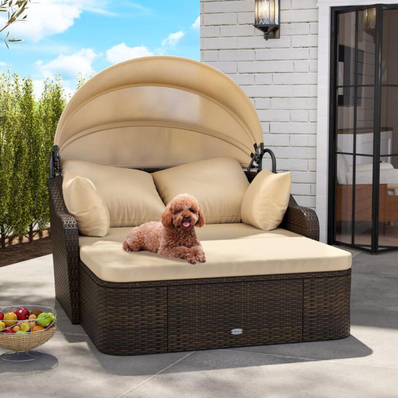 Hivvago Patio PE Rattan Daybed with Retractable Canopy and Soft Cushions