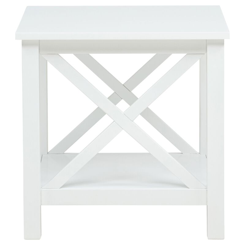 Yuzie Side End Table with Open Shelf, X-Side Frame, White Wood 20 Inch image number 3